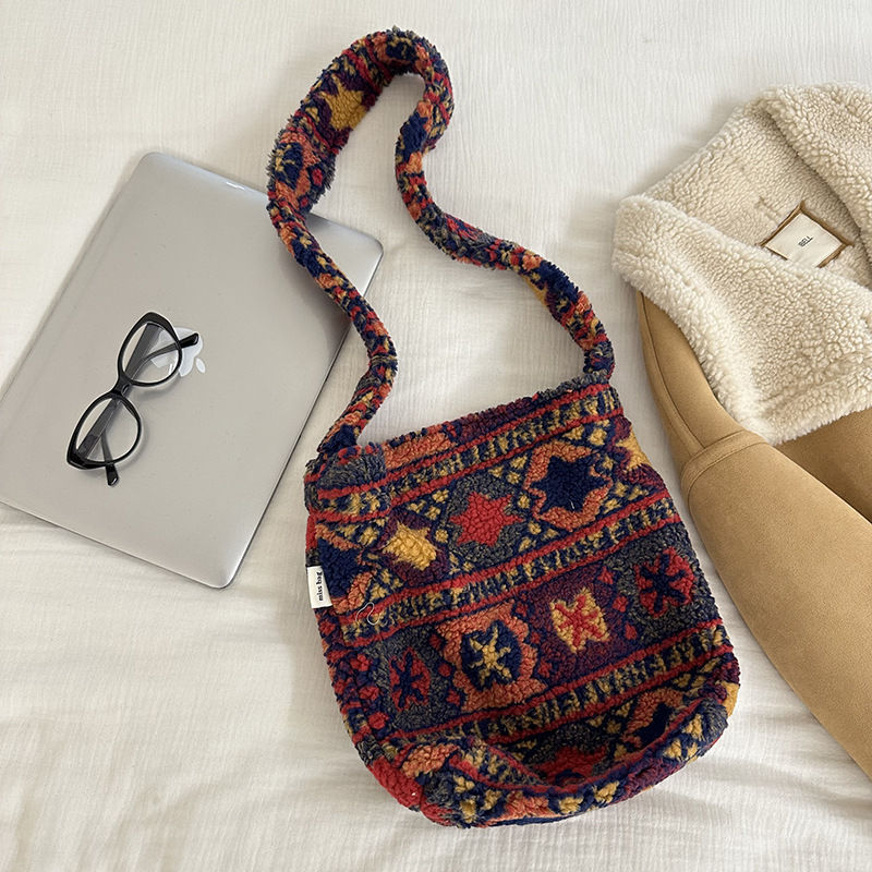 Versión coreana de ins otoño e invierno nuevo material de lana de gran capacidad bolso femenino tote, viento perezoso, viento perezoso, hombro inclinado, marea de bolso