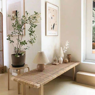 Rattan Furniture Solid Wood Rattan Bed End Stool Door Shoe Changing Stool Japanese Style Homestay Low Table Rattan Stool for Bedroom ins Bench