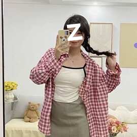 2024新款复古文艺风红色格纹衬衫女美式慵懒风宽松百搭衬衣外穿潮