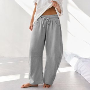 2025 Cross-Border European and American Style Women's Sports Pants with Drawstring Elastic Waist, Wide-Leg Pants with Pockets, Fashionable Casual Women's Sweatpants