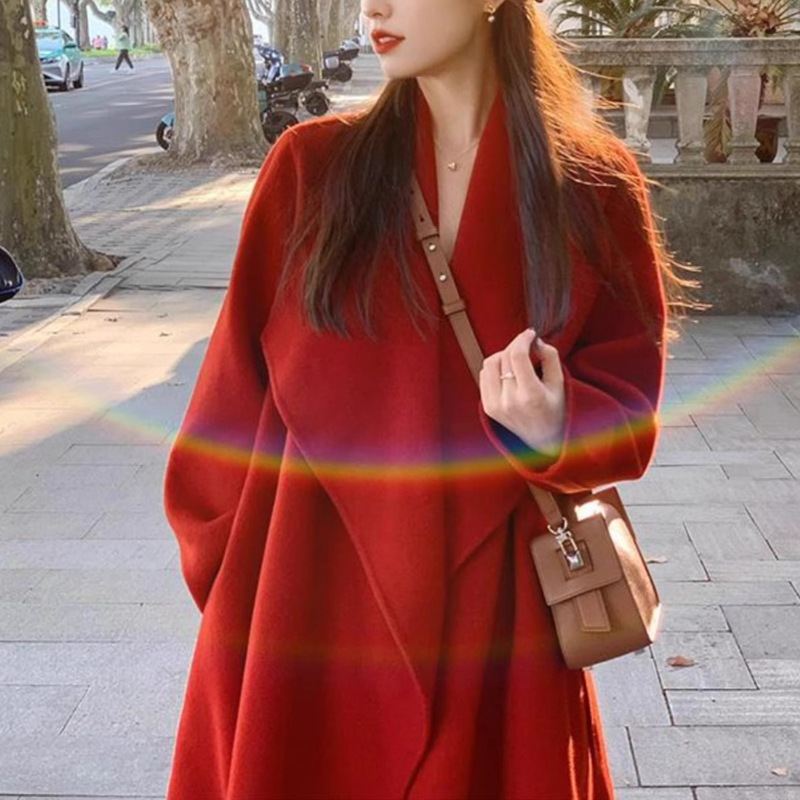 Wedding Double-Sided Woolen Coat for Women 2026 Winter New Style High-End Christmas Red Mid-Length Woolen Coat for Women