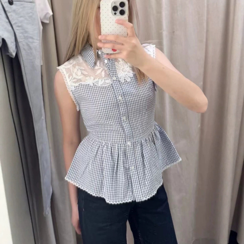 Za Foreign Trade Export Women's New Lace Embroidered Semi-Transparent Small Lapel Plaid Patchwork Shirt 8741079 044 Za Foreign Trade Export Women's New Lace Embroidered Semi-Transparent Small Lapel Plaid Patchwork Shirt 8741079 044