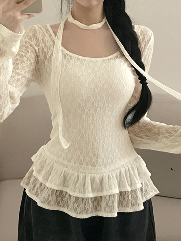 欧美甜美风V领蕾丝纯欲少女喇叭袖T恤跨境新款V领系带修身短上衣|undefined