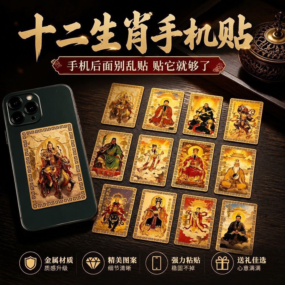 New Zodiac Guardian Angel Mobile Phone Sticker, Personalized Card for Peace, Wealth, Fortune, and Prosperity, God of Wealth Ornament