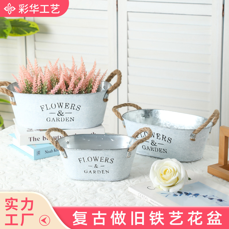 国境を越えた熱い販売楕円形の鉄の植木鉢牧歌的な多肉植物の鉄の植木鉢レトロな白いバルコニー鉢植え|undefined