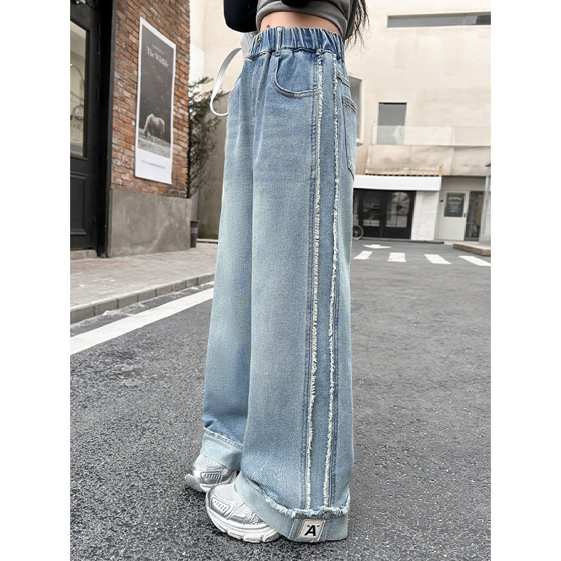 Girls' Jeans Spring and Autumn 2025 New Spring Outfit for Older Girls Trendy Frayed Straight Wide-Leg Pants Children's Pants Summer