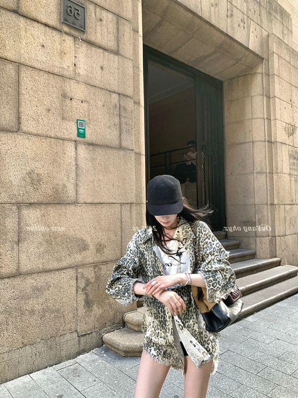 区区欧阳豹纹印花衬衫女秋季设计感小众毛边衬衣长袖宽松复古上衣|undefined