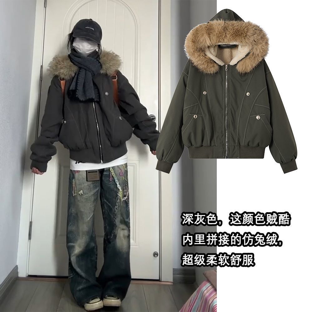 美式复古座山雕冬装派克棉服女款2025新款加厚棉袄仿兔毛工装外套