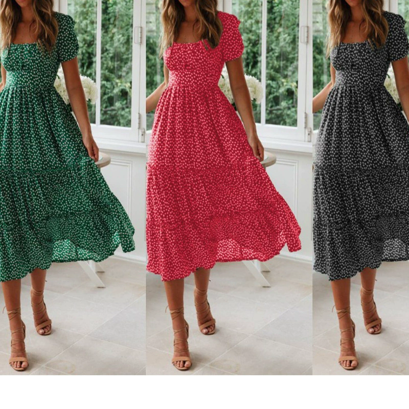 Пляжное платье, длинная юбка, 2023 год, европейский стиль, Aliexpress, Wish, Amazon, квадратное декольте, puff sleeves, цветочный