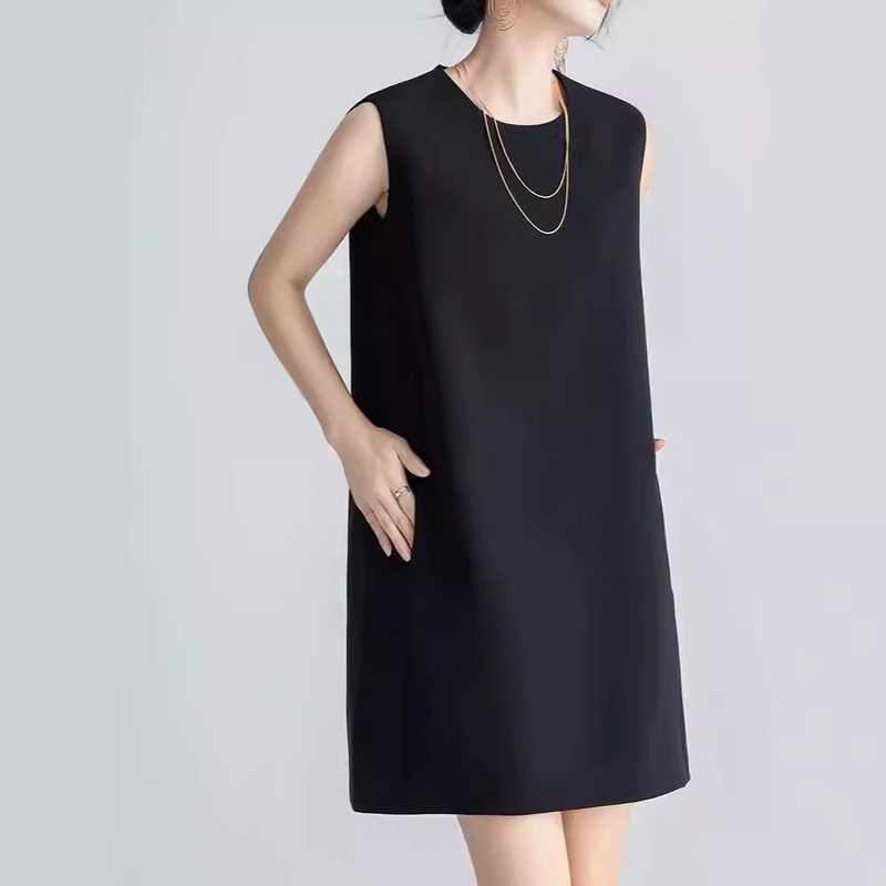 High-end Japanese Triacetate dress Women's Summer French Round Neck Classic Sleeveless Straight Fashionable Elegant Short Skirt