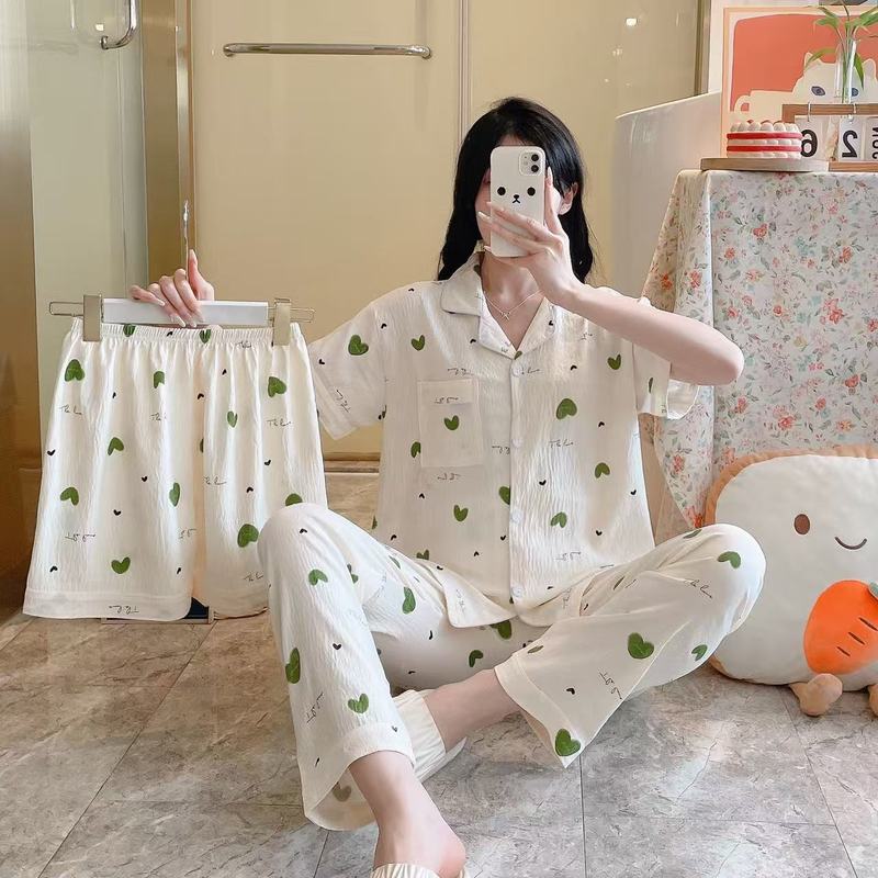 跨境云朵棉睡衣三件套女夏季短袖长裤短裤春秋季家居服套装外贸|undefined