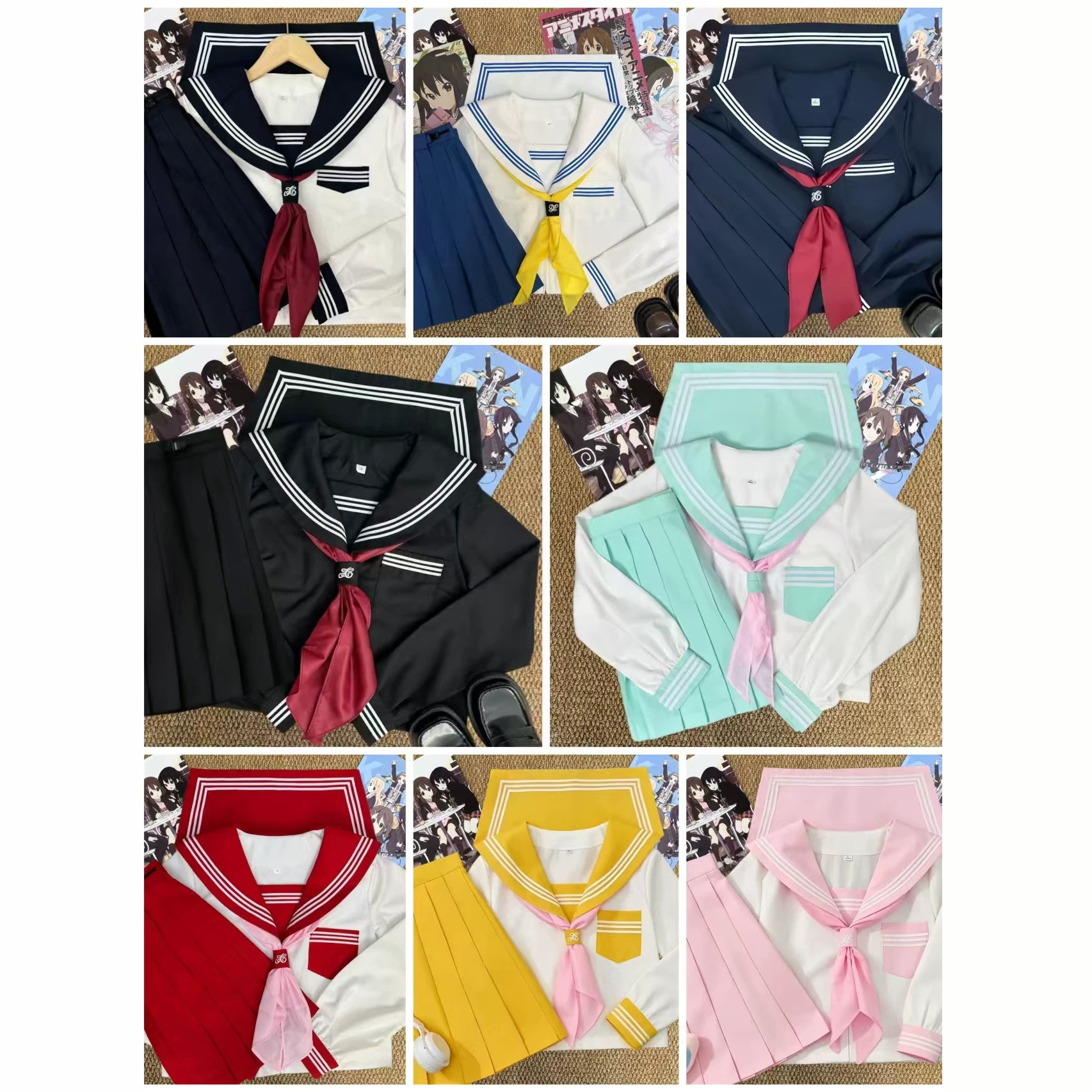 Authentic original JK sailor uniform collection: blue, white, red, yellow, cyan, black, pink, and ice blue basic styles