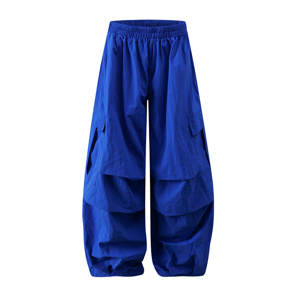 Loose Casual Pleated Parachute Pants American Trendy Brand Design Niche Solid Color Elastic Waist Sports Wide-Leg Long Pants for Men