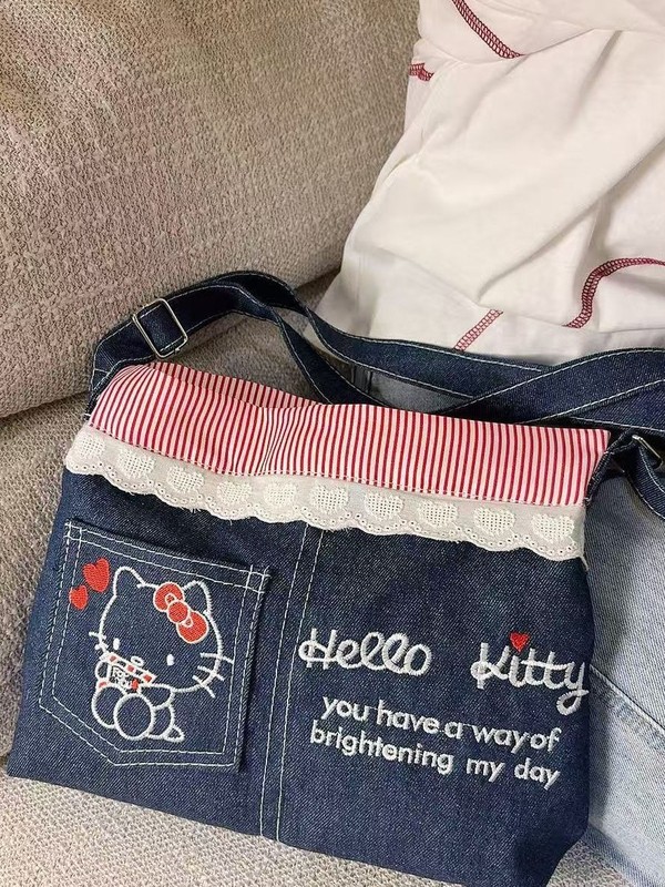 HelloKitty可爱新款单肩斜挎包ins牛仔撞色条纹刺绣大容量包包|undefined