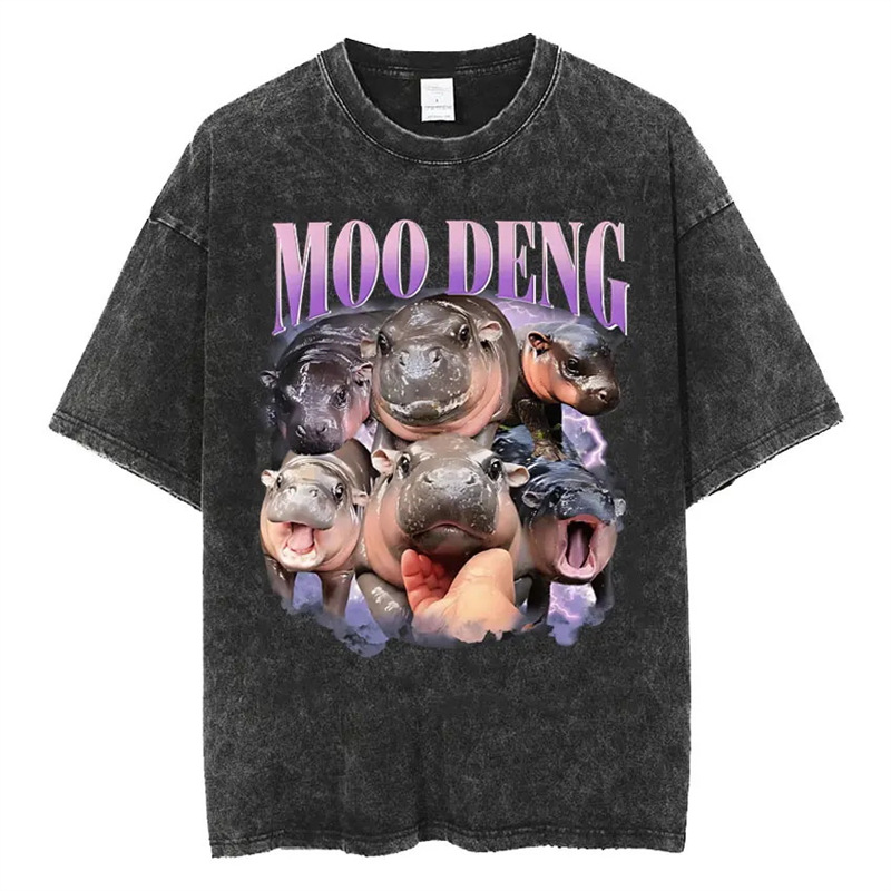 河马风上衣印花moo动物可爱做新deng猪猪洗水旧T恤欧美