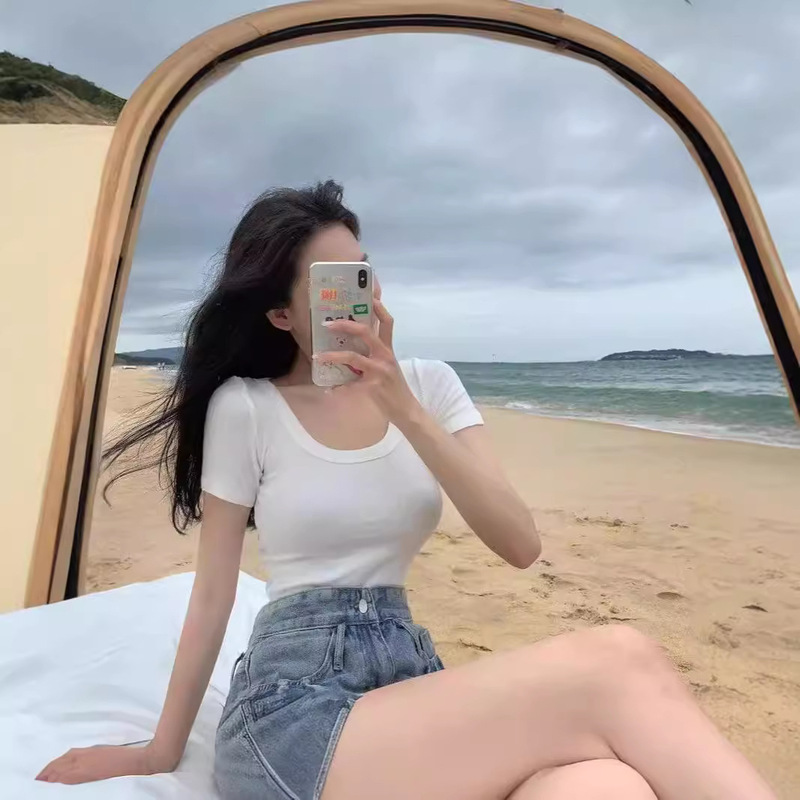 Bare Machine Low U-Neck Short Navel Top Summer Korean-style Simple Black Slim-fit Slim-fit Short-sleeve T-shirt Women's Clothing