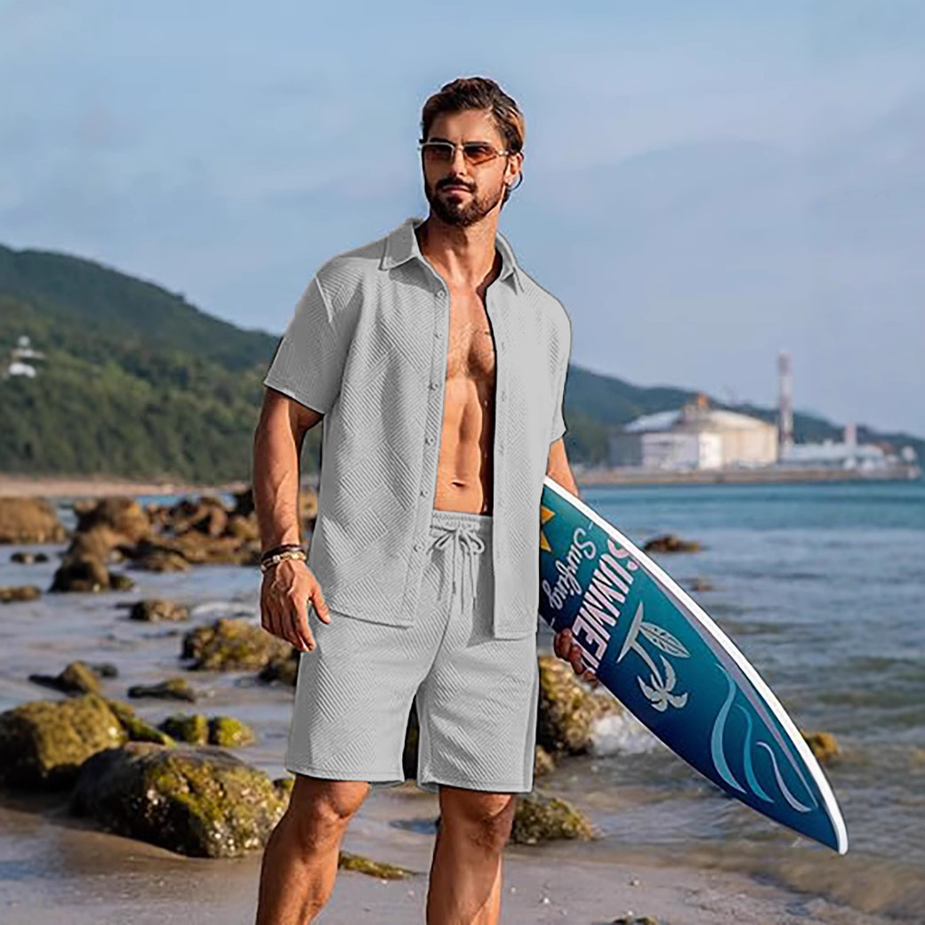 2025 Cross-Border Amazon Summer Hot Sale New Men's Solid Color Cardigan Buttoned Short Sleeve Casual Shirt Short Sleeve Set