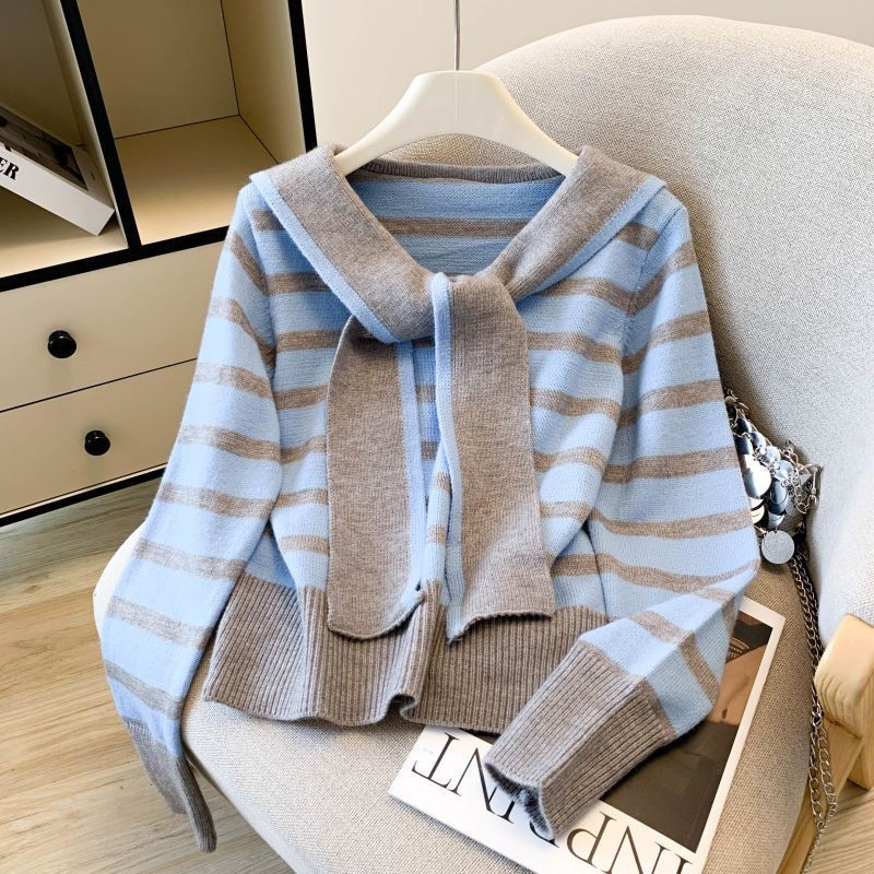 Navy Collar Contrast Striped Versatile Knit Sweater for Women Autumn and Winter Korean Style Age-Reducing College Style Versatile New Top for Women