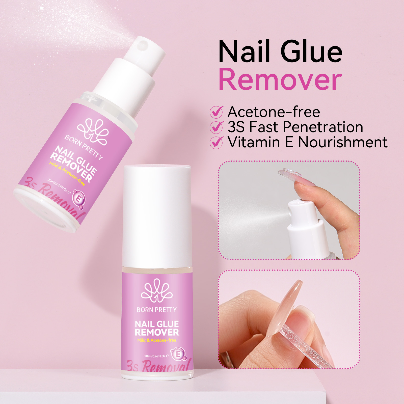 Bornpretty Nail Art 20ml Spray Bottle Eco-Friendly Glue Remover 3S Penetrating Solid Patch Adhesive Quick Nail Removal Water