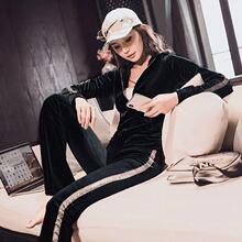 金丝绒薄套装女秋冬欧美跨境新款连帽卫衣时尚喇叭裤运动服两件套