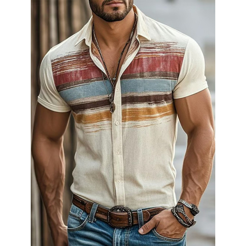 Cross-Border Independent Website European and American Men's Clothing Tops Western Retro Summer Casual Four-Way Stretch Printed Short-Sleeved Men's Shirts Cross-Border Independent Website European and American Men's Clothing Tops Western Retro Summer Casual Four-Way Stretch Printed Short-Sleeved Men's Shirts