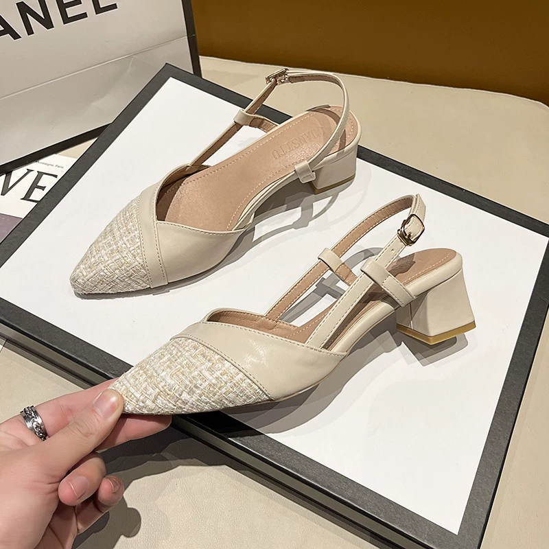 Женские мюли на устойчивом каблуке с острым носком в стиле Chanel, новые открытые туфли на высоком каблуке весна 2025, универсальные сказочные сандалии.