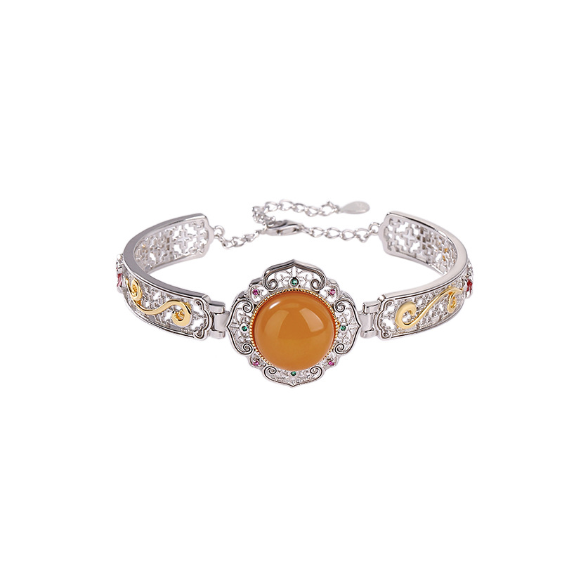 Vòng tay nữ bạc S925 đính charm sáp ong mặt trứng hoa mẫu đơn phong cách quốc gia cao cấp — Một chiếc