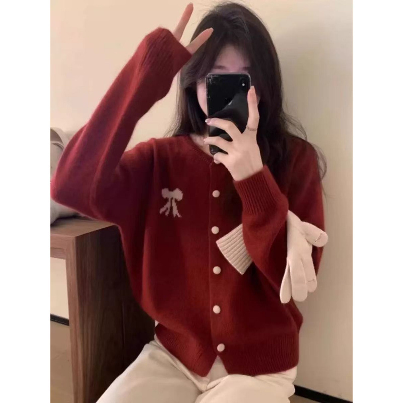 春秋短款高品质宽松圆领针织开衫新款减龄蝴蝶结毛衣上衣外套|undefined