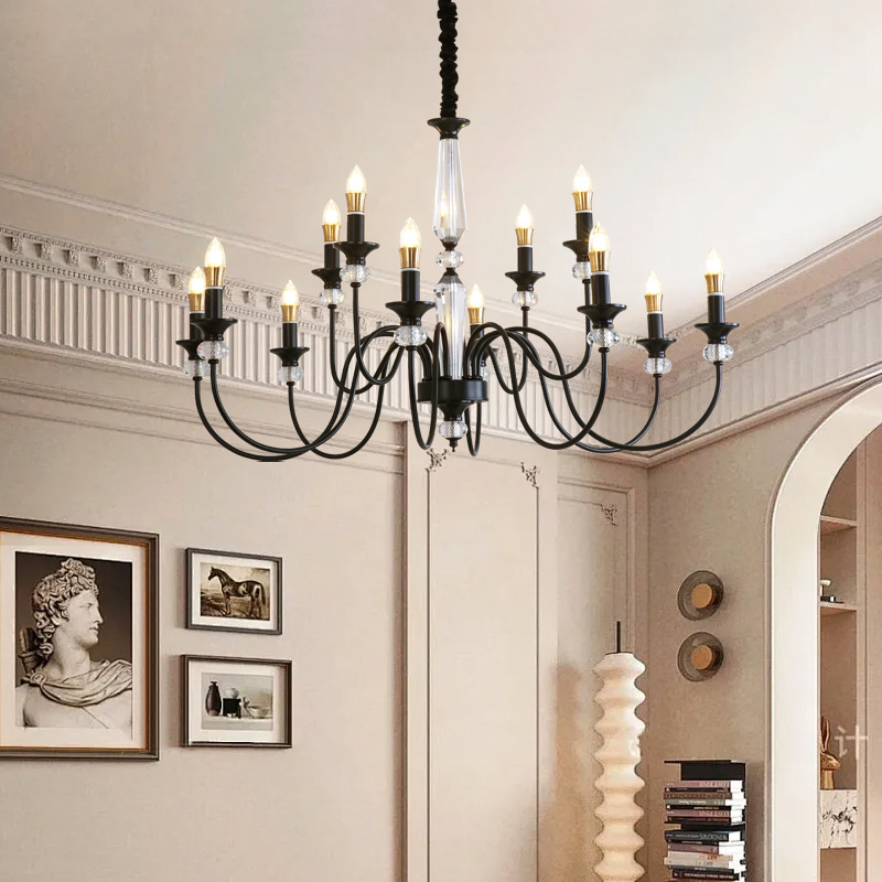 跨境热销全铜黑色美式复古水晶吊灯法式客厅书房蜡烛简约法式吊灯