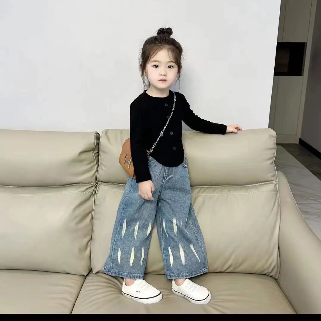 女童牛仔裤套装2025新款儿童裤子时髦扎染宝宝阔腿长裤小女孩秋装