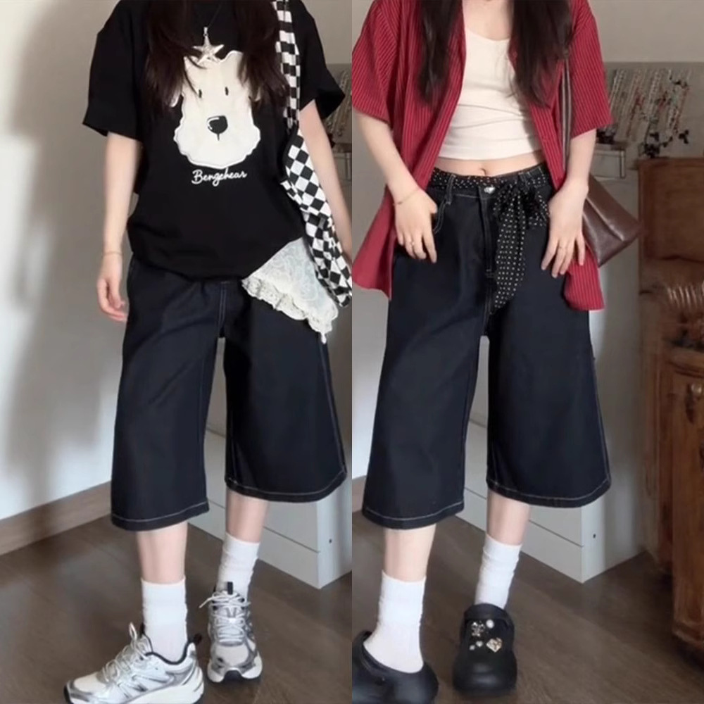 Women's Summer Thin Cropped Pants 2025 New Dark Blue Jeans Plus Size Fat mm Slimming Look Loose Straight Pants