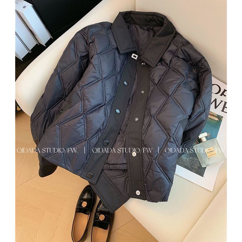 黑色菱格领棉服女秋冬新款短款小个子设计感轻薄棉衣外套|undefined
