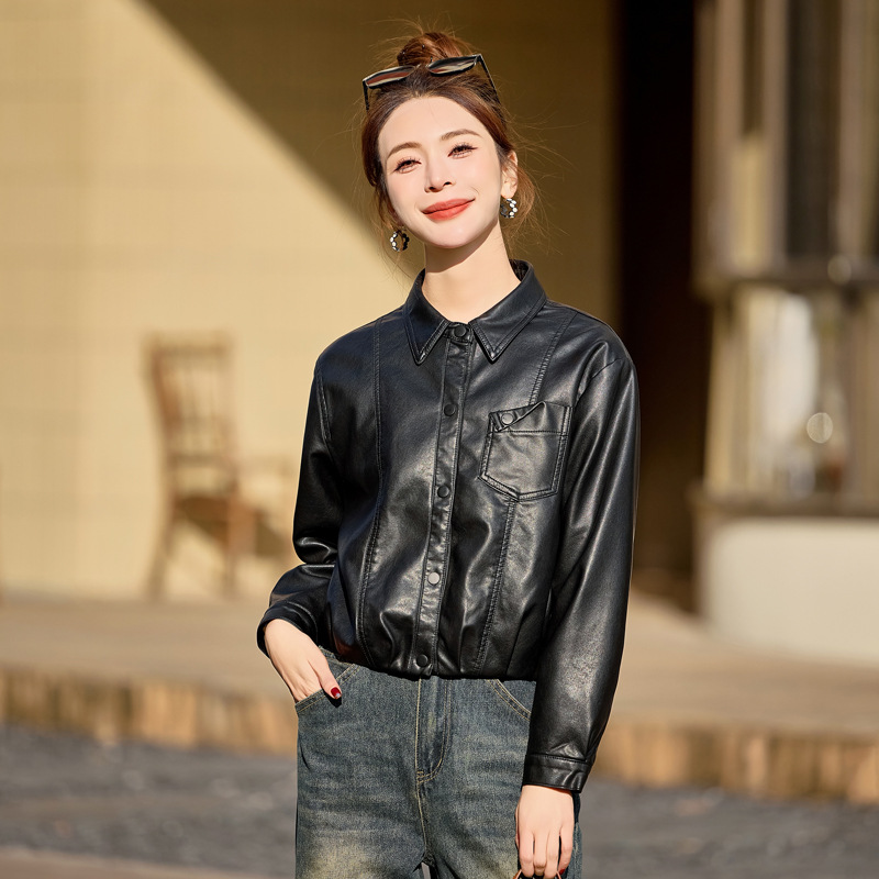 专柜春秋小个子女士皮衣短款外套时髦绵羊皮上衣宽松休闲女装代发