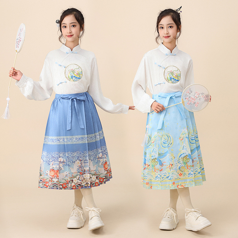 大码童装女童马面裙套装中大童宽松半身裙衬衫春秋装改良汉服超仙