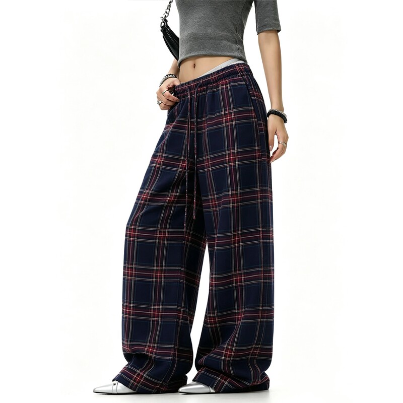 American retro plaid color-blocked casual straight-leg pants for men and women, new loose-fitting versatile drawstring floor-length trendy trousers