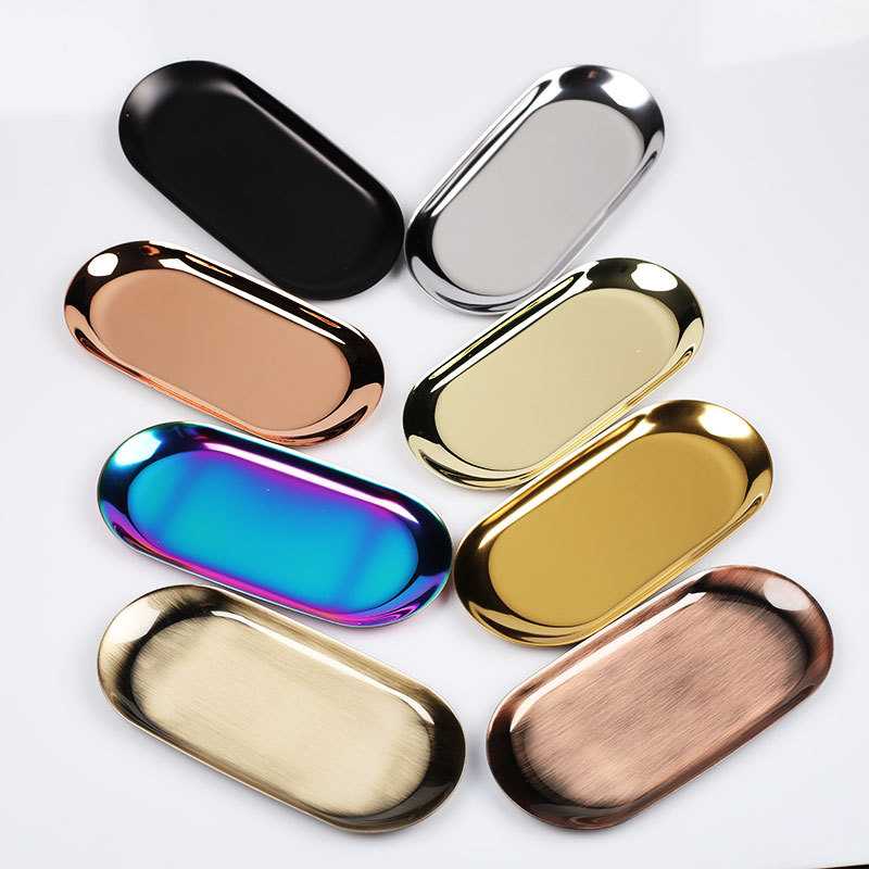 Bandeja de metal Sala de estar Disco ovalado Mesa de almacenamiento de joyas Bandeja de almacenamiento Plato de acero inoxidable Herramienta de vela