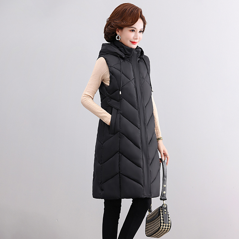 2024 autumn and winter new plus size middle-aged and elderly down cotton vest women's long hooded knee vest coat