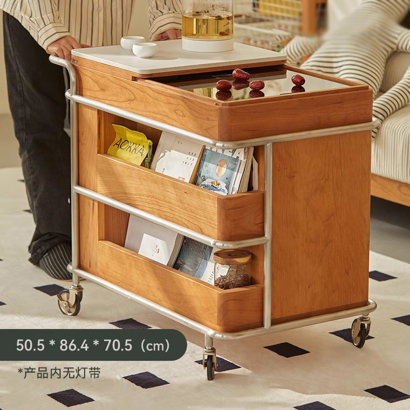 Mueble de té móvil de estilo antiguo, mesa de té, sofá, gabinete lateral, carrito, color de madera de cerezo, balcón de apartamento pequeño, mesa de té pequeña