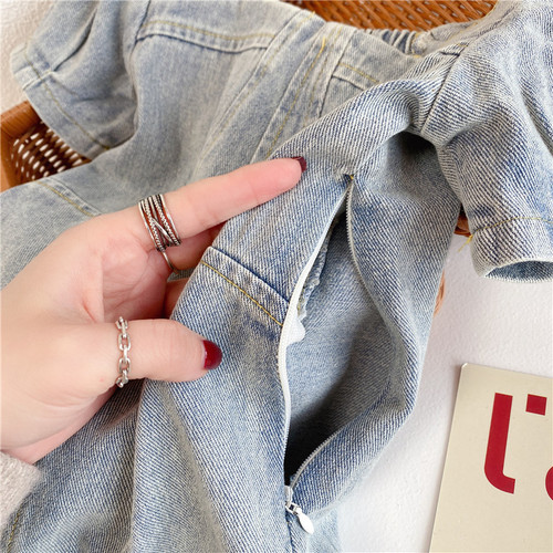 Little Girl Korean Version Popstar Denim Short Sleeve Dress 2024 New Summer Outfit Baby Kids Fashion Bubblesleeve Skirt