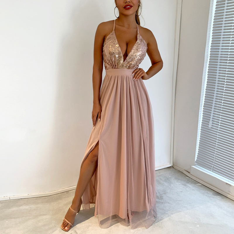 Elegante abito da sera lungo in mesh con spalline sottili_voghion.com