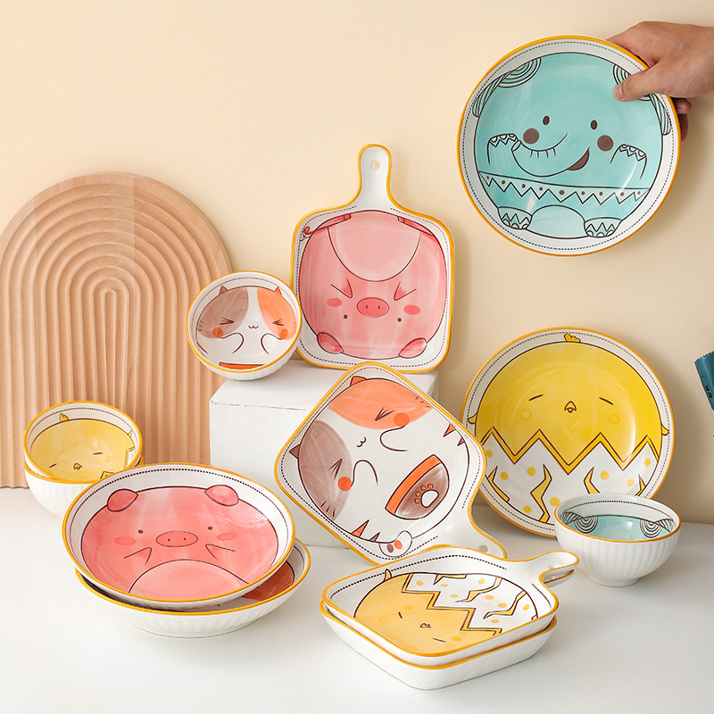 Creativo lindo mascota vajilla de cerámica placa lindo animal hogar mango placa para hornear tazón de arroz comer tazón conjunto