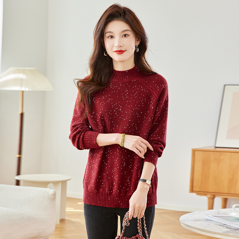 양모 중간 길이의 하프 터틀넥 스웨터 2024 가을과 겨울 새로운 레이드 백 느슨한 중간 길이의 니트 베이스 탑