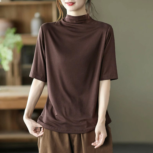 Women's Semi-High Collar Short-Sleeve T-Shirt 2025 Summer Plus Size Slimming Five-Sleeve Casual Inner Layer Base Top