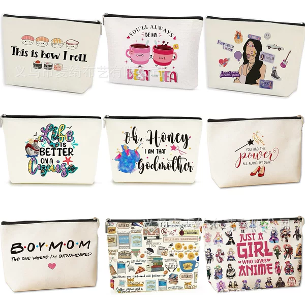 Cross-border Amazon Explosive English Graphic Cosmetic Bag Gift Waterproof Linen Color Printed Cosmetic Bag Storage Bag