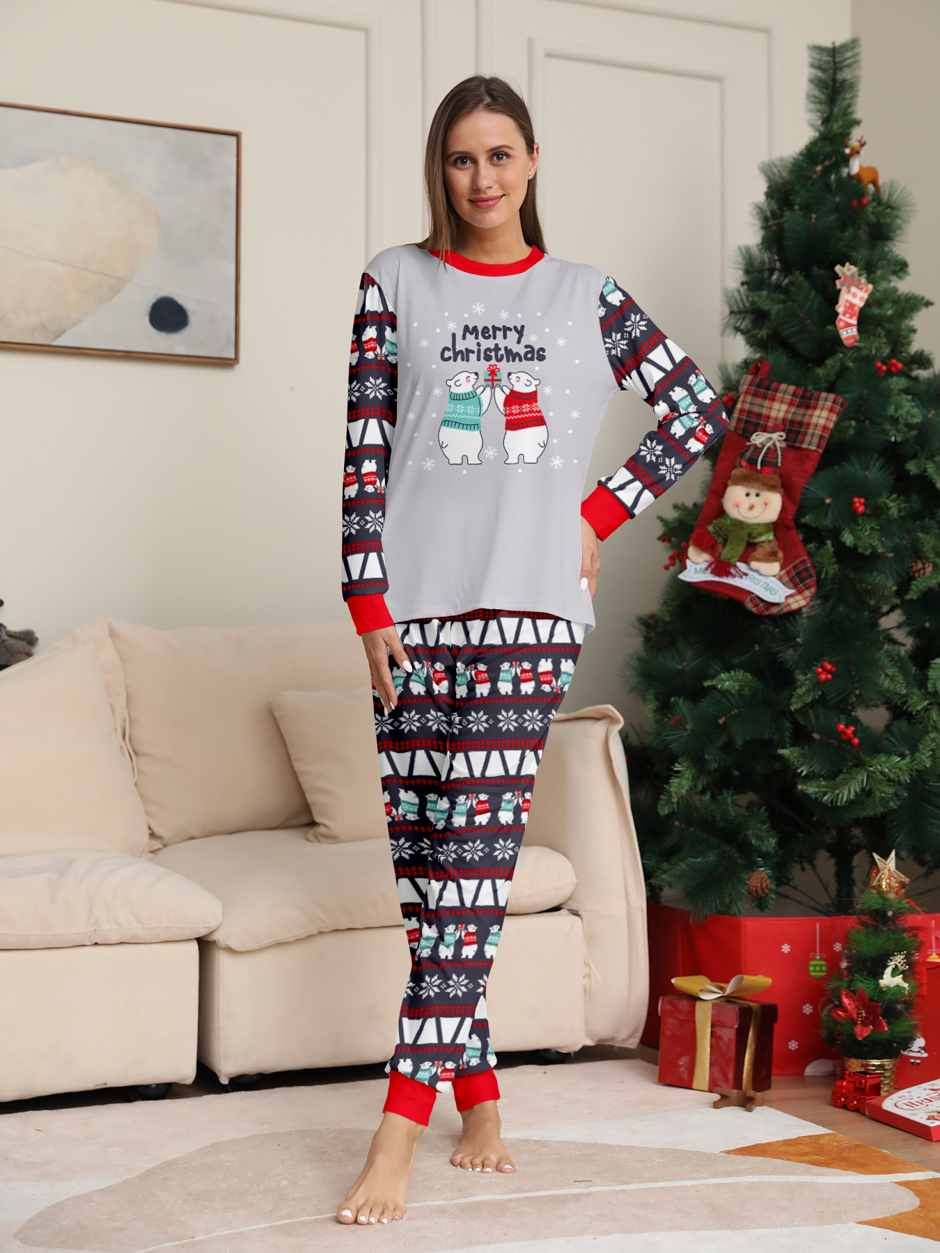 Pijama de natal a combinar para família com urso e flocos_voghion.com