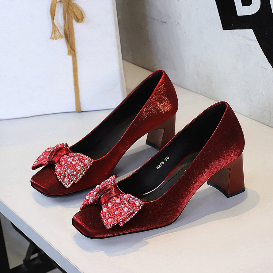 Elegante Damen Satin Pumps Mit Strassschleife Und Blockabsatz_voghion.com