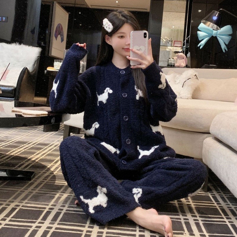 秋冬新款学院风家居服小狗绞花半边绒提花圆领长袖针织睡衣厚款|undefined