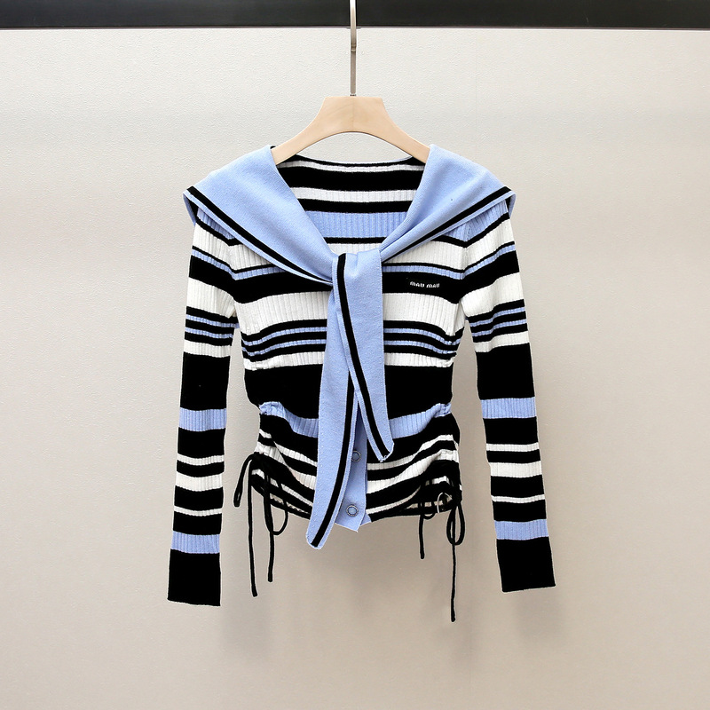 Shenzhen Nanyou Classy Women's Autum New Korean Preppy Style Shawl Navy Collar Drawstring Stripesd Knitwear for Women