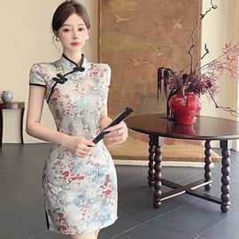 新款复古国风印花少女旗袍修身显瘦气质修身开叉性感包臀连衣裙