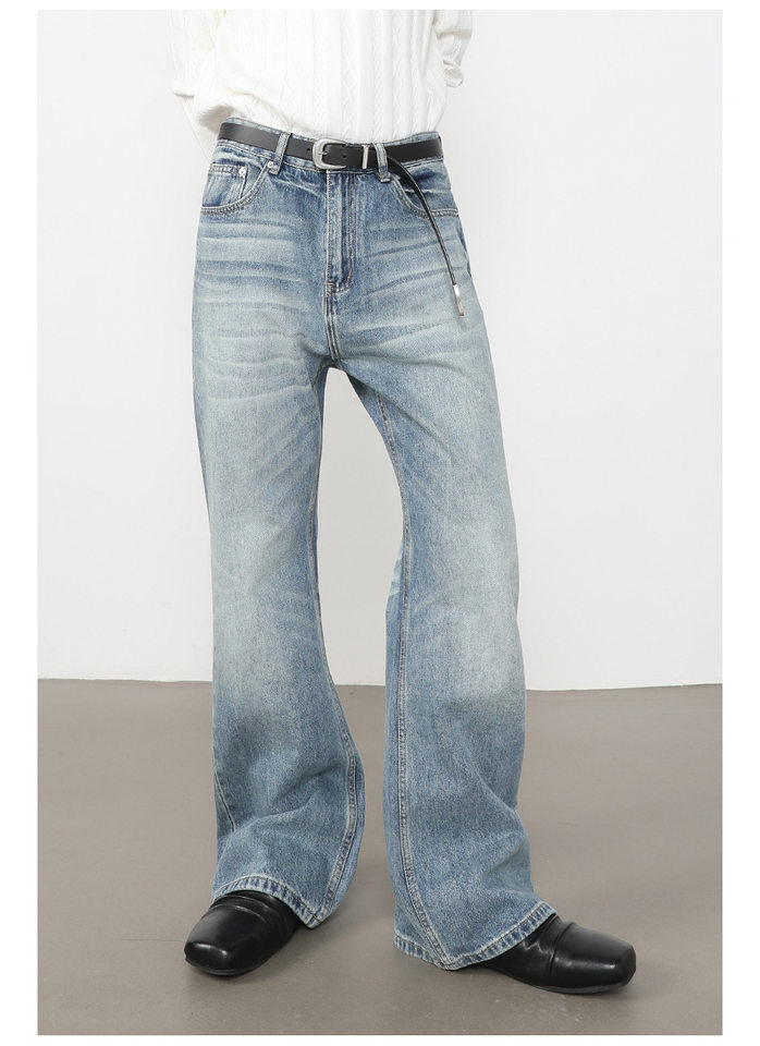 Quần jean nam ống loe nhẹ dáng rộng thoải mái, vải denim xử lý bạc màu — màu xanh, màu xanh nhạt, màu xám đen chi tiết 14